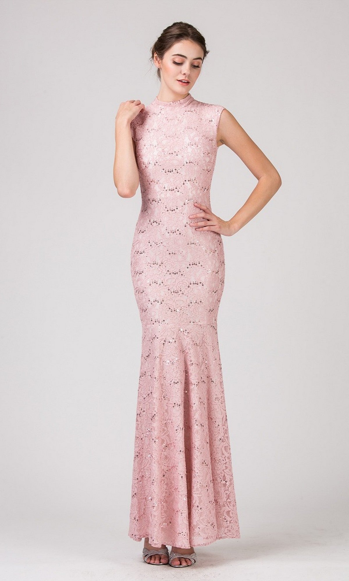 A woman poses against a plain light background wearing the Eureka 2061 Long Lace Formal Dress in Blush/Ivory, a floor-length gown with cap sleeves and a high neckline.